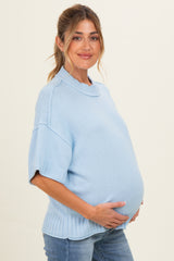 Light Blue Oversized Mock Neck Short Sleeve Maternity Sweater