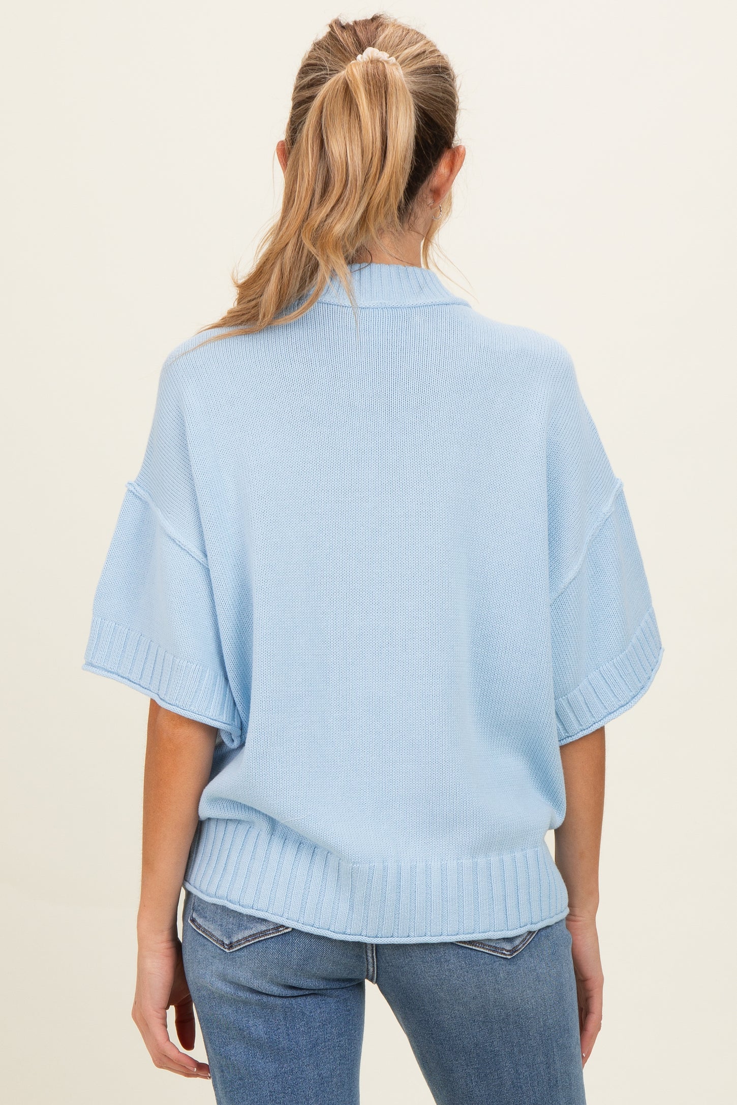 Light Blue Oversized Mock Neck Short Sleeve Maternity Sweater