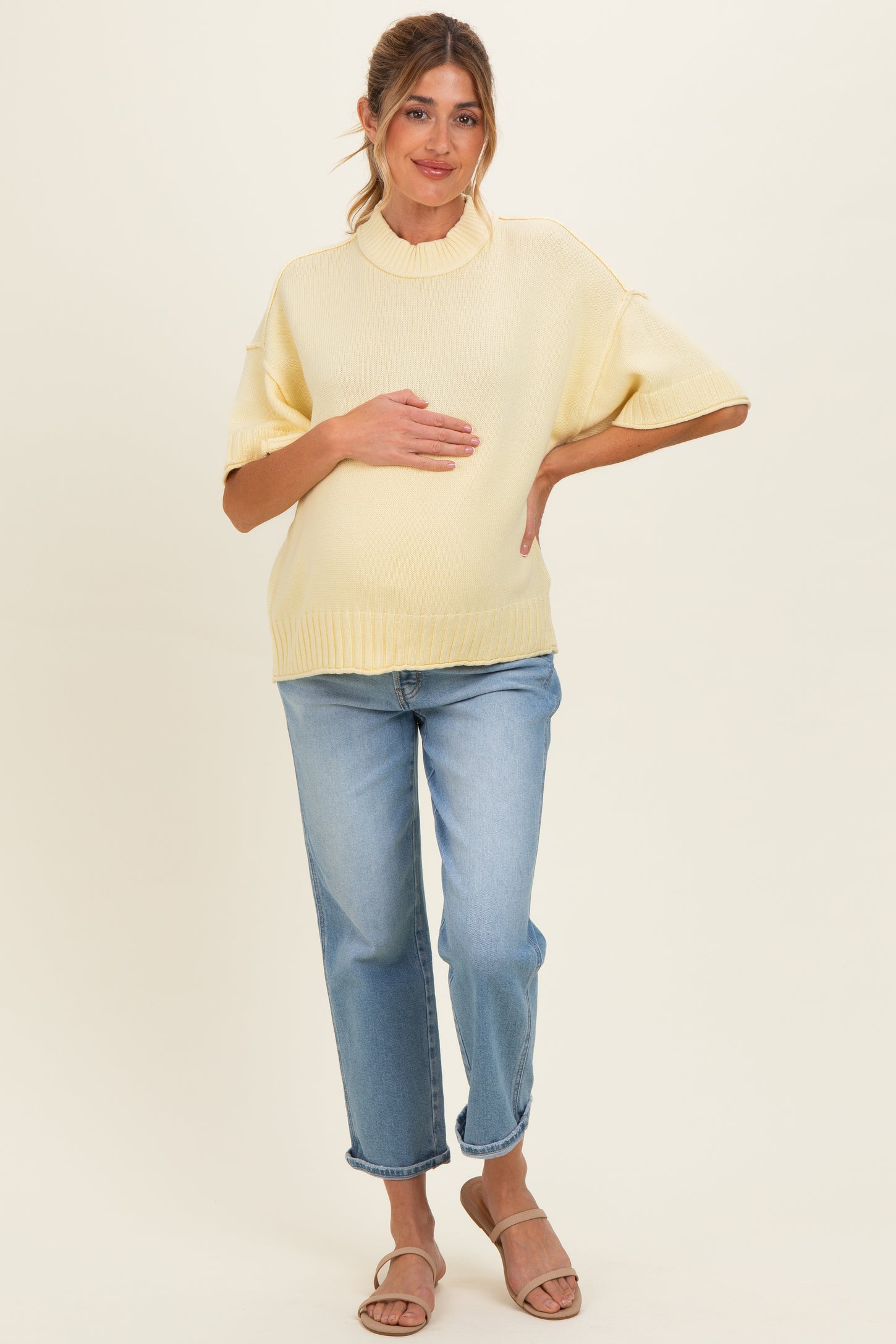 Banana Cream Oversized Mock Neck Short Sleeve Maternity Sweater