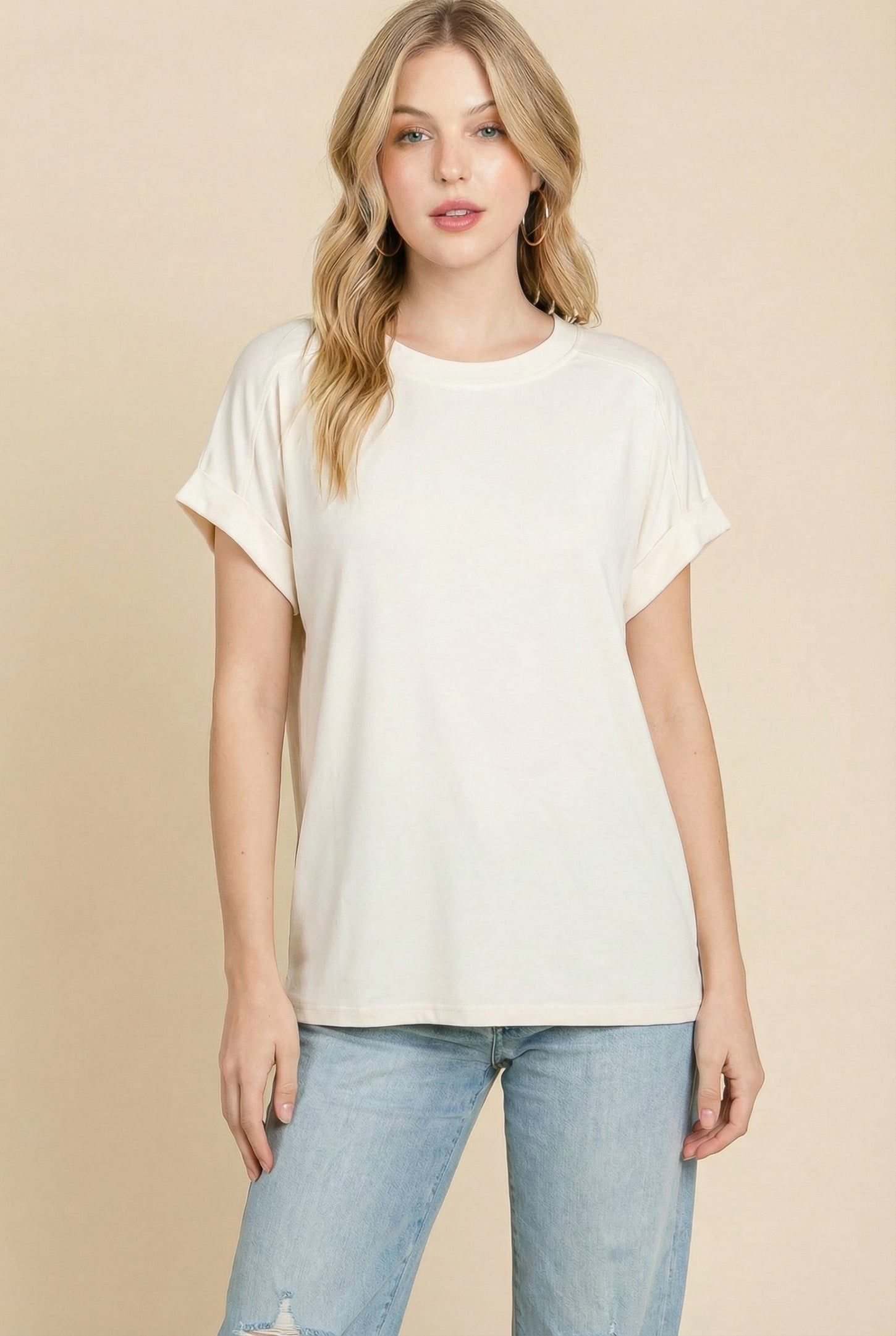 Ivory Rolled Cuff Sleeve Relaxed Fit Maternity Tee