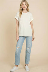 Ivory Rolled Cuff Sleeve Relaxed Fit Tee