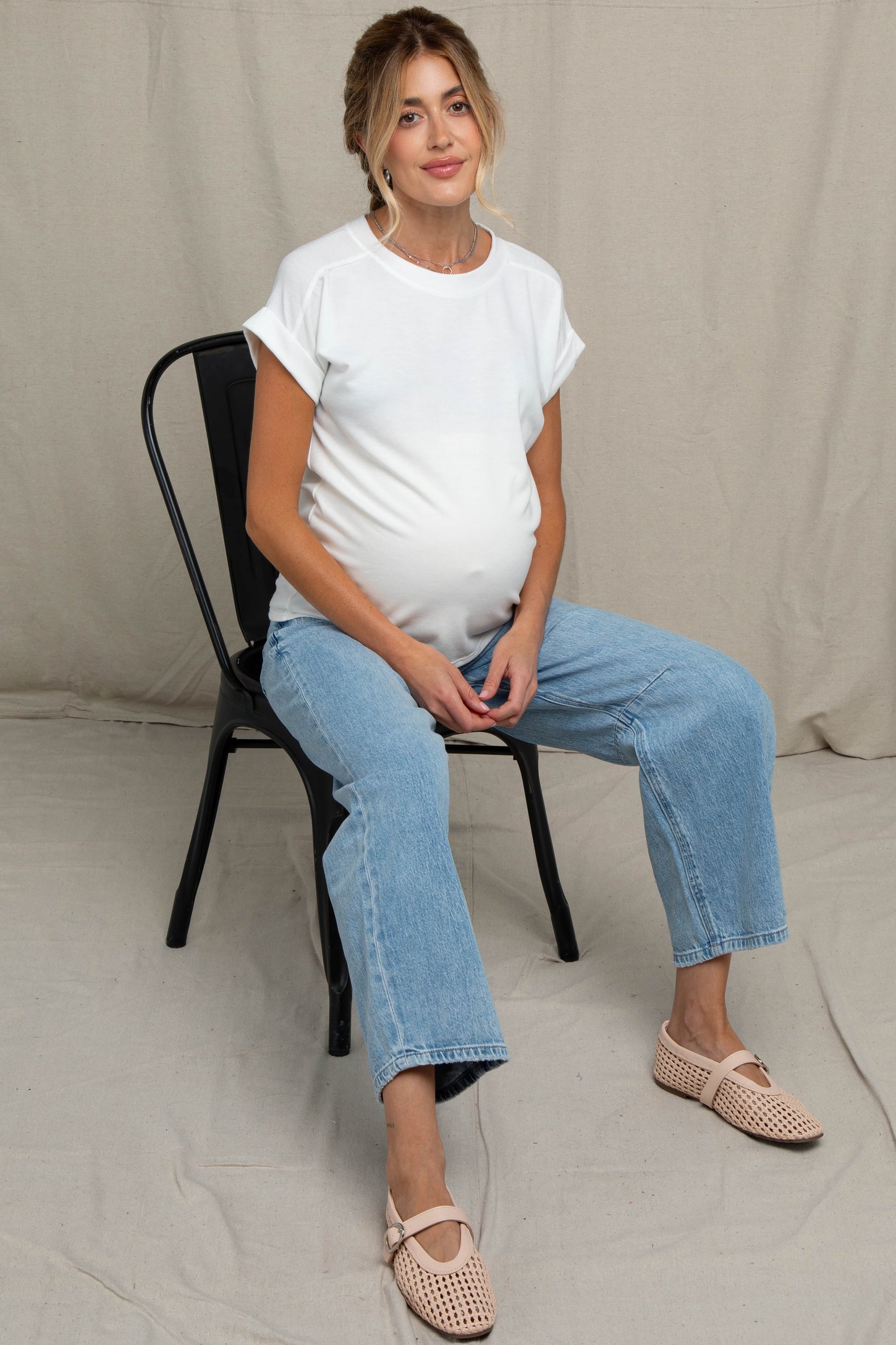 Ivory Rolled Cuff Sleeve Relaxed Fit Maternity Tee