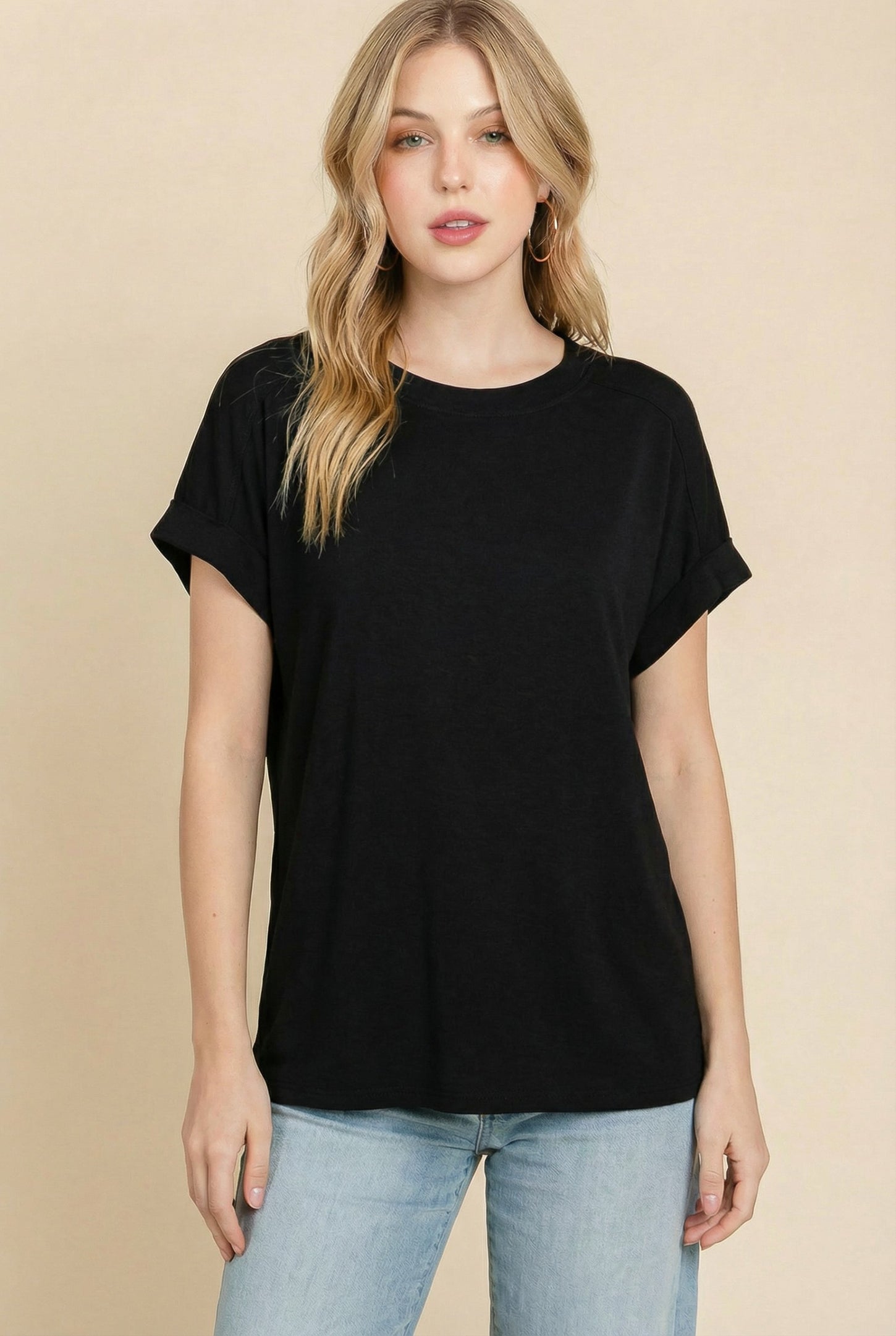 Black Rolled Cuff Sleeve Relaxed Fit Tee