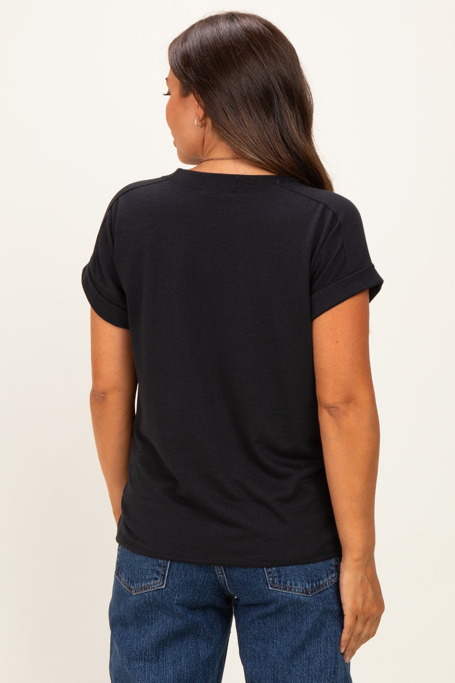 Black Rolled Cuff Sleeve Relaxed Fit Maternity Tee