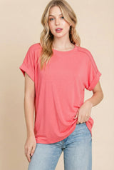 Coral Rolled Cuff Sleeve Relaxed Fit Tee