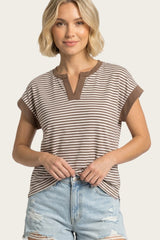 Mocha Striped Contrast Trim Top