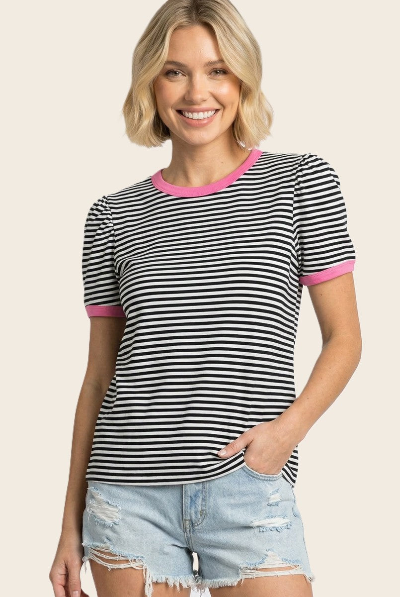 Navy Short Striped Puff Sleeve Maternity Top