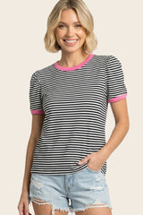 Navy Short Striped Puff Sleeve Top