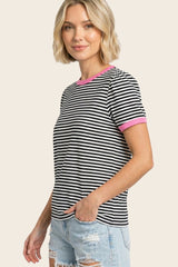 Navy Short Striped Puff Sleeve Top