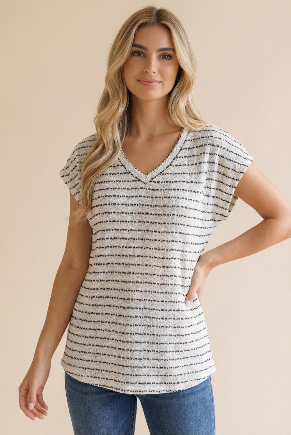 Ivory Striped Knit V-Neck Top