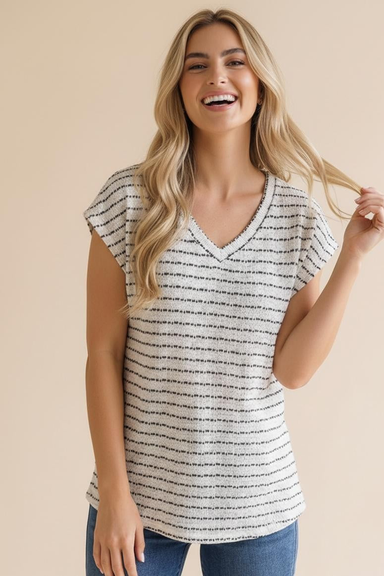 Ivory Striped Knit V-Neck Top