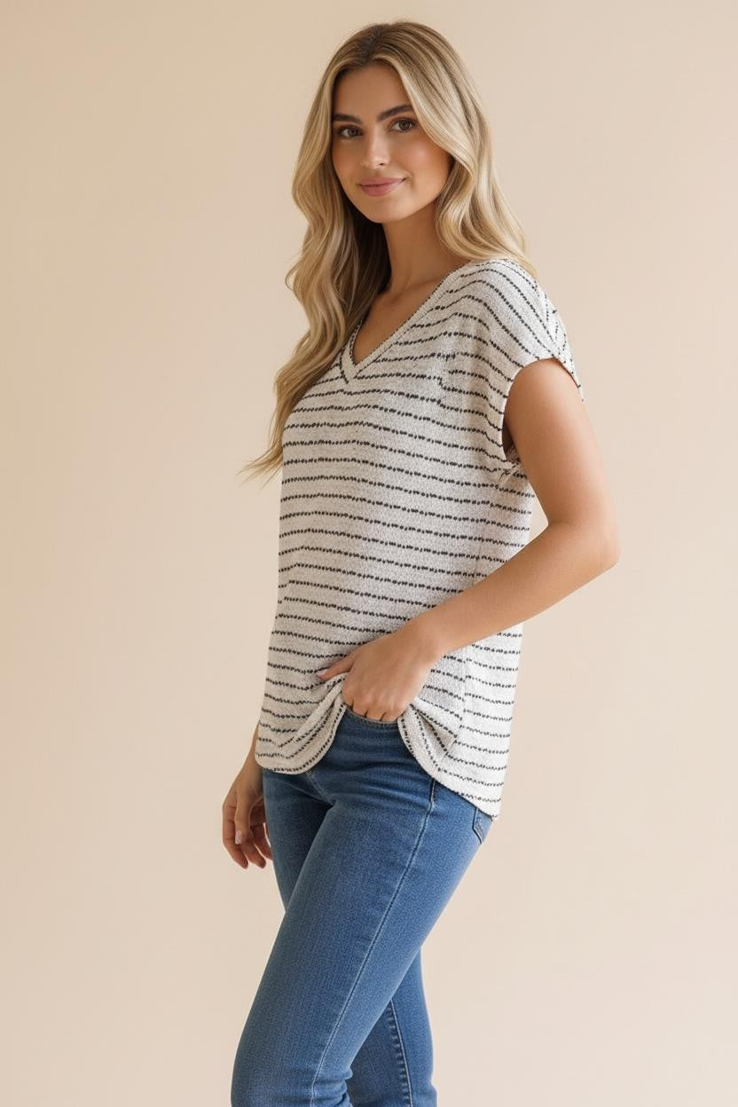 Ivory Striped Knit V-Neck Top
