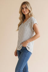 Ivory Striped Knit V-Neck Top