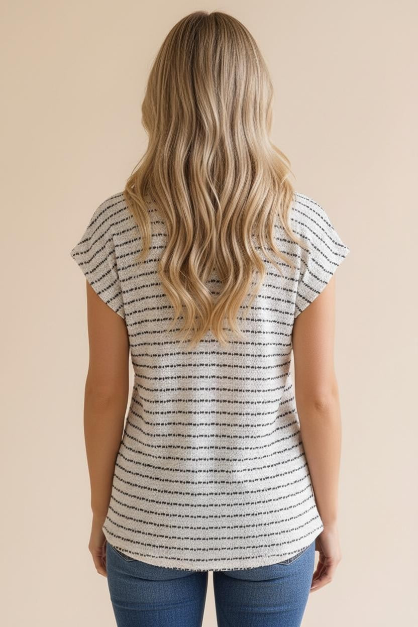Ivory Striped Knit V-Neck Top
