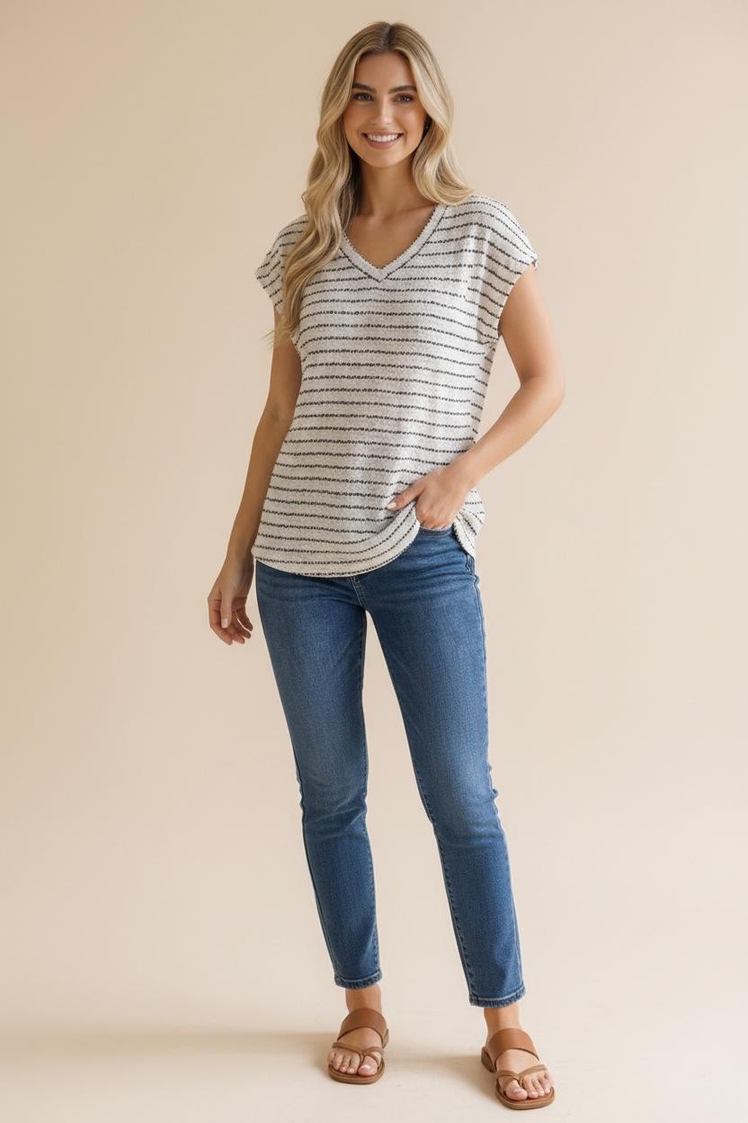 Ivory Striped Knit V-Neck Top