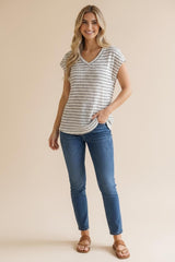 Ivory Striped Knit V-Neck Top