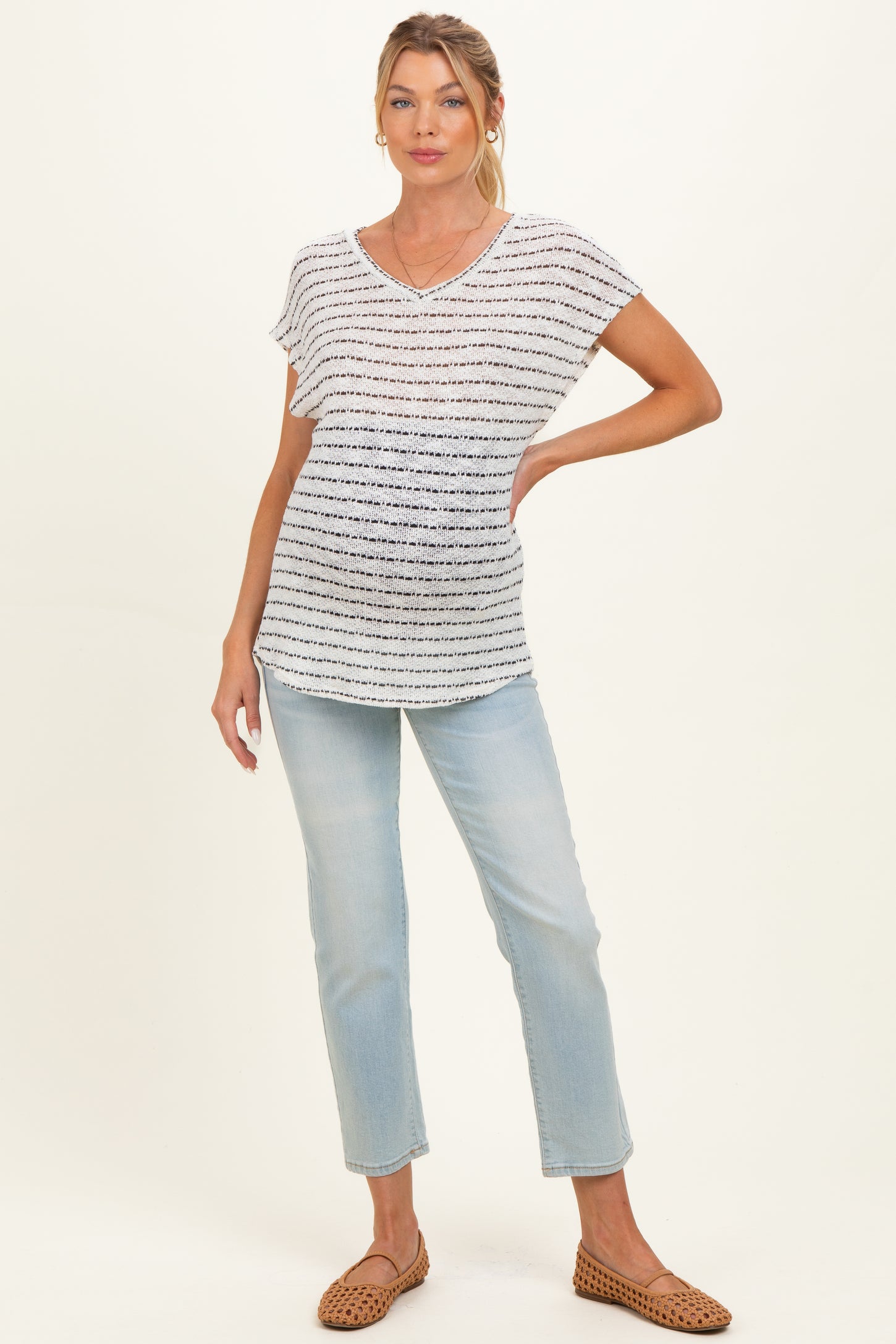 Ivory Striped Knit Maternity V-Neck Top