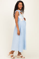 Light Blue Floral Stripe Bow Strap Maternity Dress