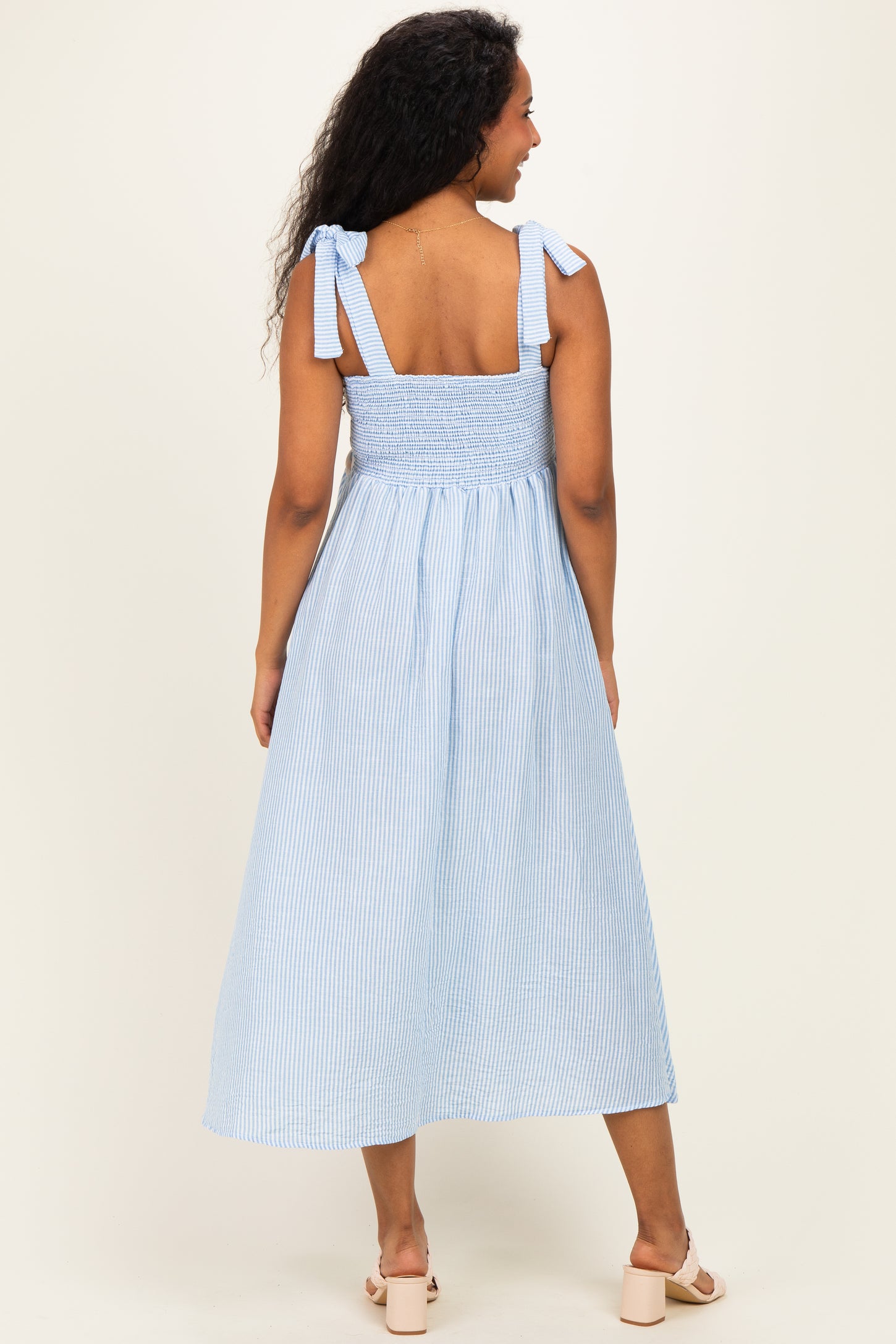 Light Blue Floral Stripe Bow Strap Maternity Dress