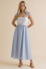 Light Blue Floral Stripe Bow Strap Dress