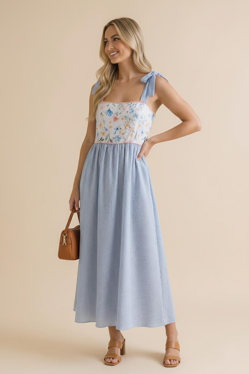 Light Blue Floral Stripe Bow Strap Dress