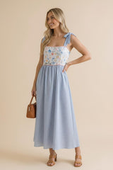Light Blue Floral Stripe Bow Strap Dress