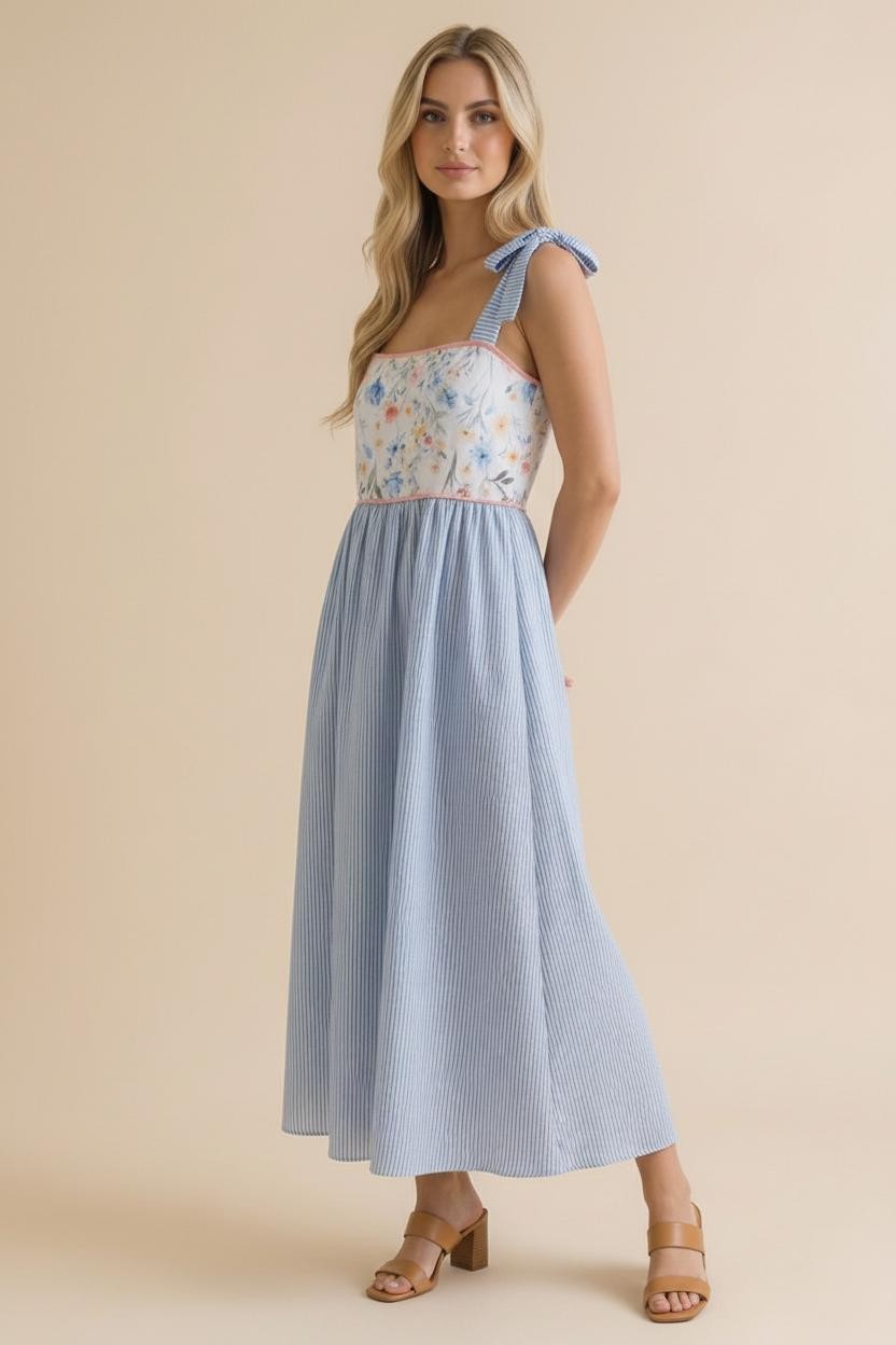 Light Blue Floral Stripe Bow Strap Dress