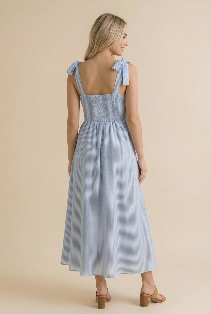 Light Blue Floral Stripe Bow Strap Dress