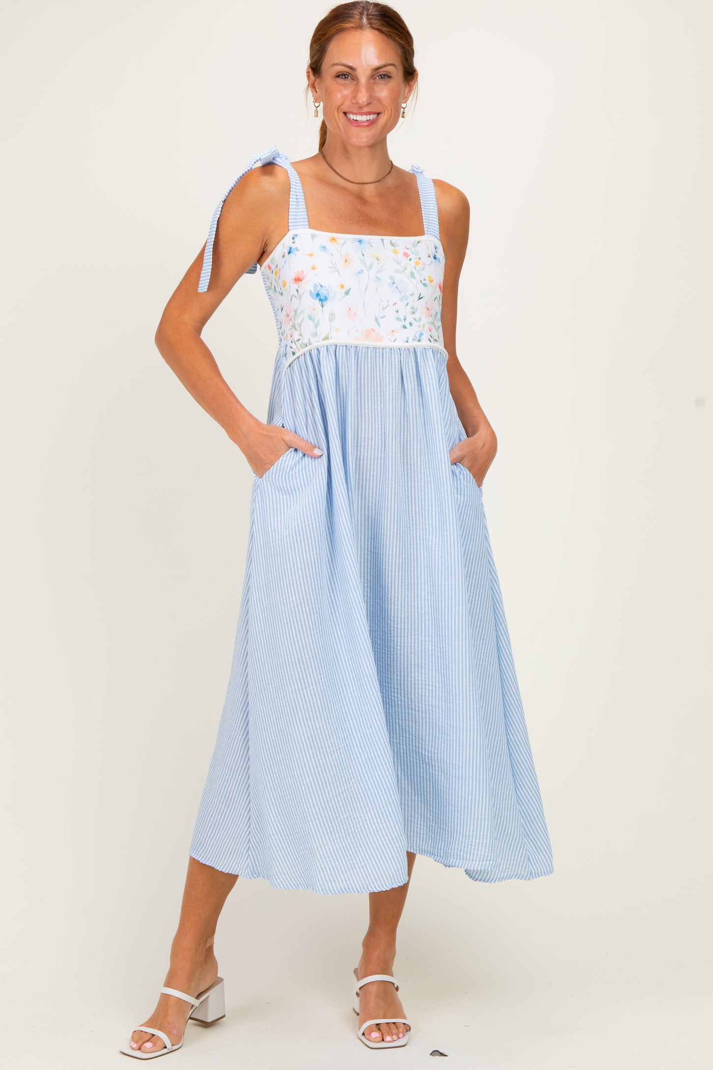 Light Blue Floral Stripe Bow Strap Dress