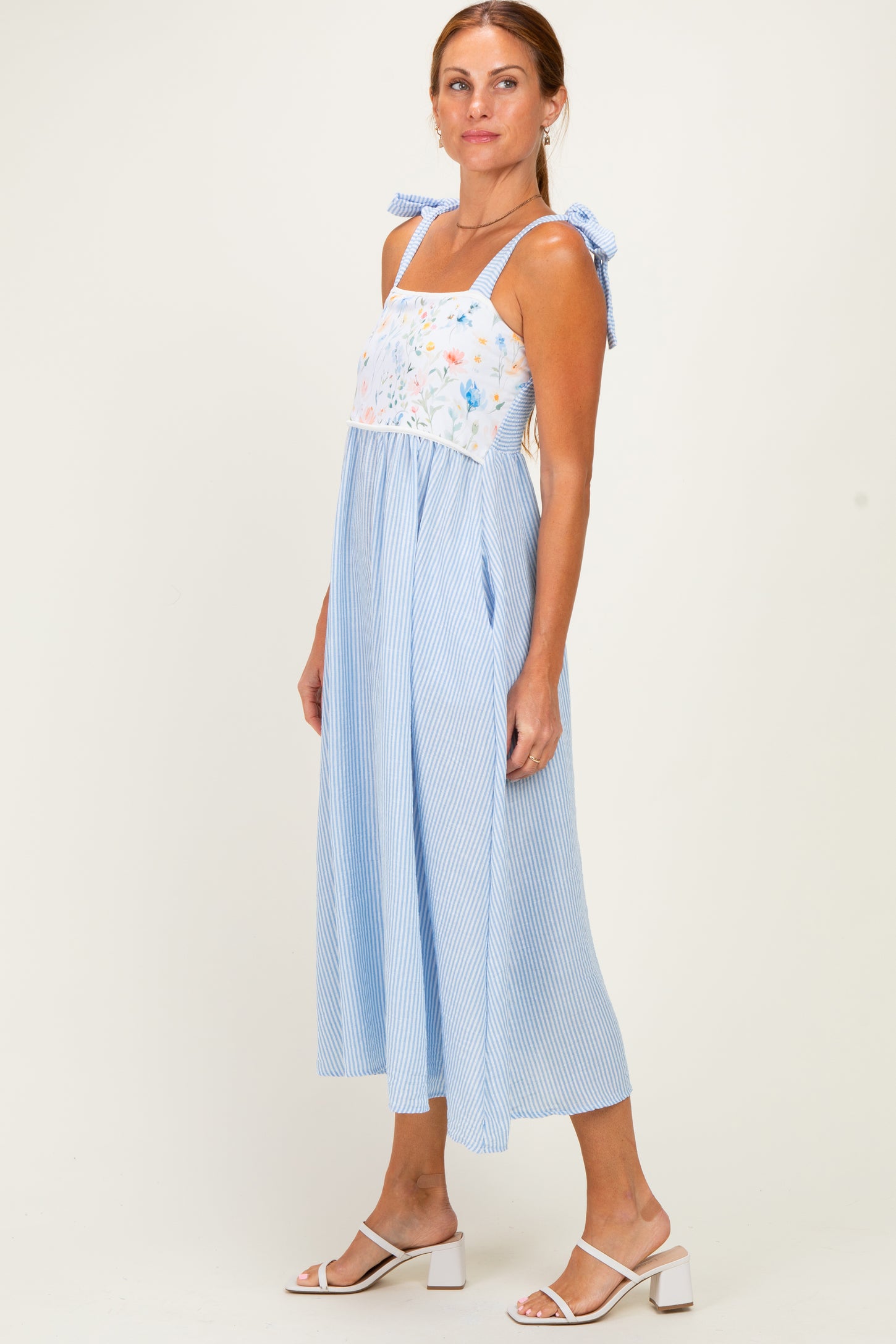 Light Blue Floral Stripe Bow Strap Dress