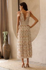 White Floral Shoulder Tie Deep V-Neck Tiered Maxi Dress