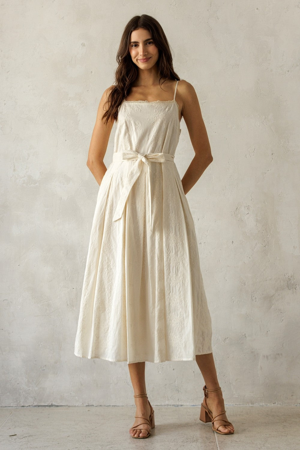 Cream Embroidered Tie Waist Midi Dress