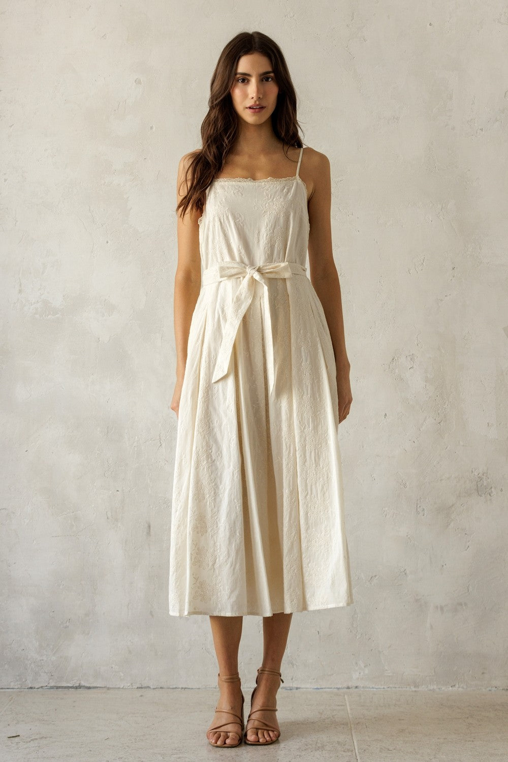 Cream Embroidered Tie Waist Midi Dress