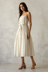 Cream Embroidered Tie Waist Midi Dress