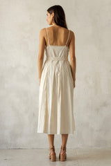 Cream Embroidered Tie Waist Midi Dress