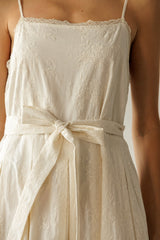 Cream Embroidered Tie Waist Midi Dress