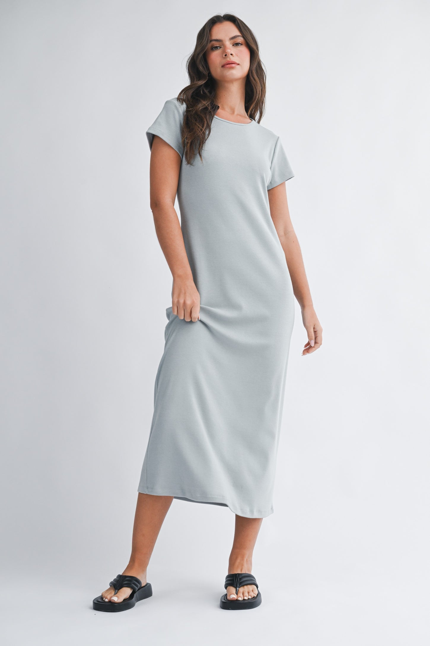 Grey Basic Crewneck Midi Dress