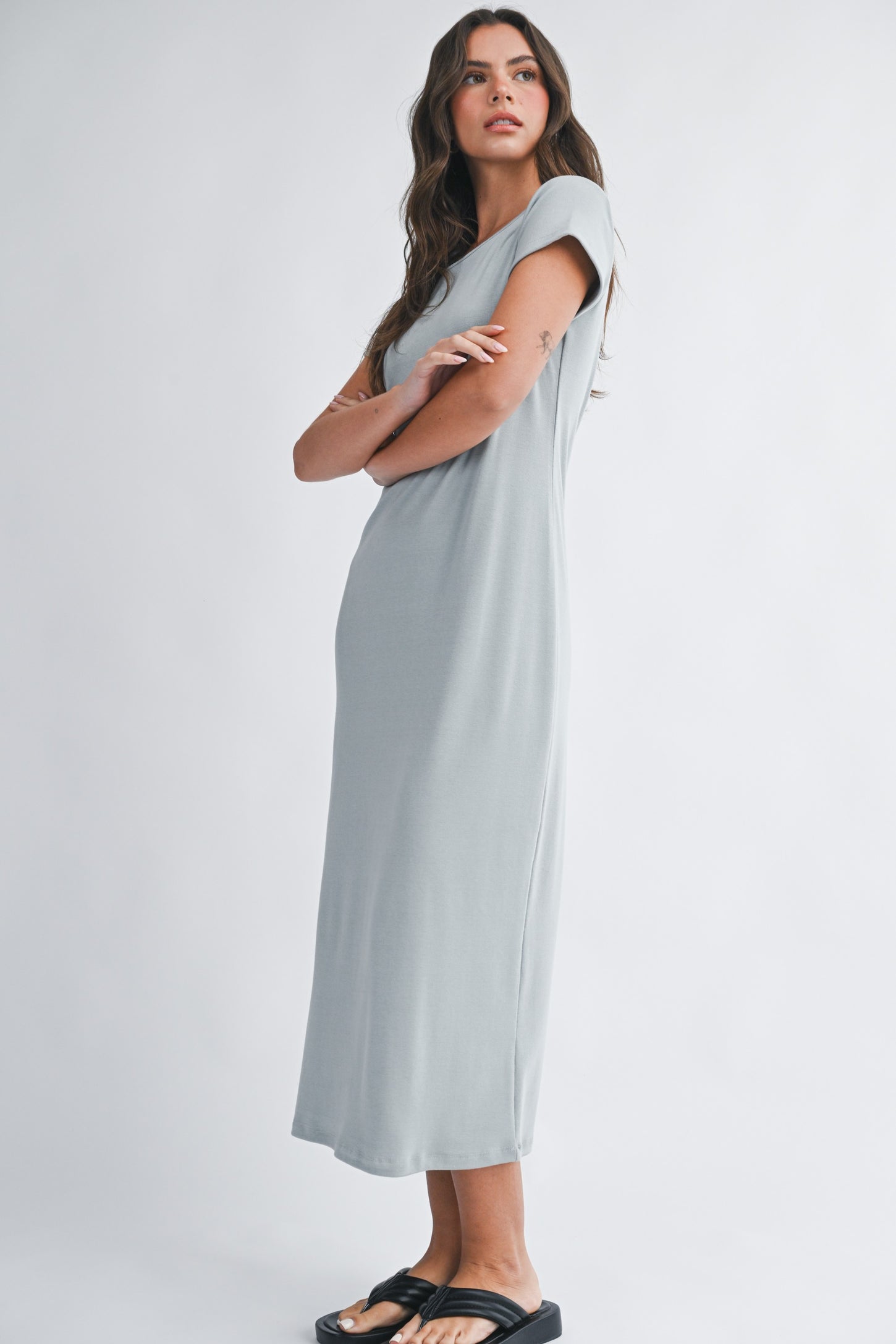 Grey Basic Crewneck Midi Dress