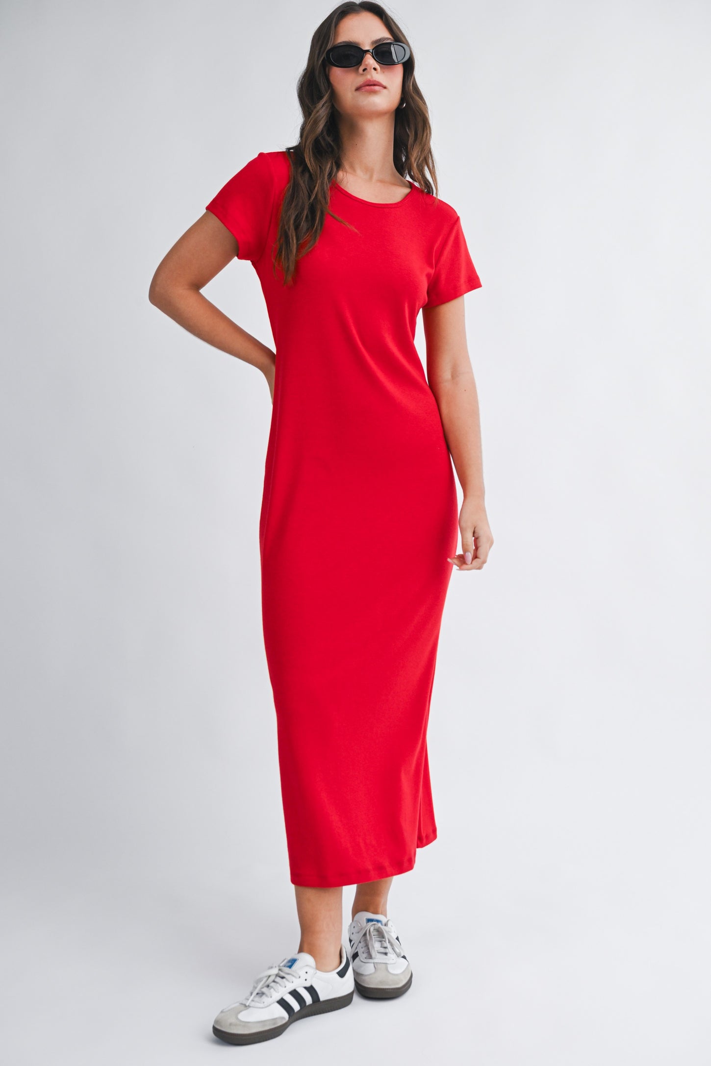 Red Basic Crewneck Midi Dress