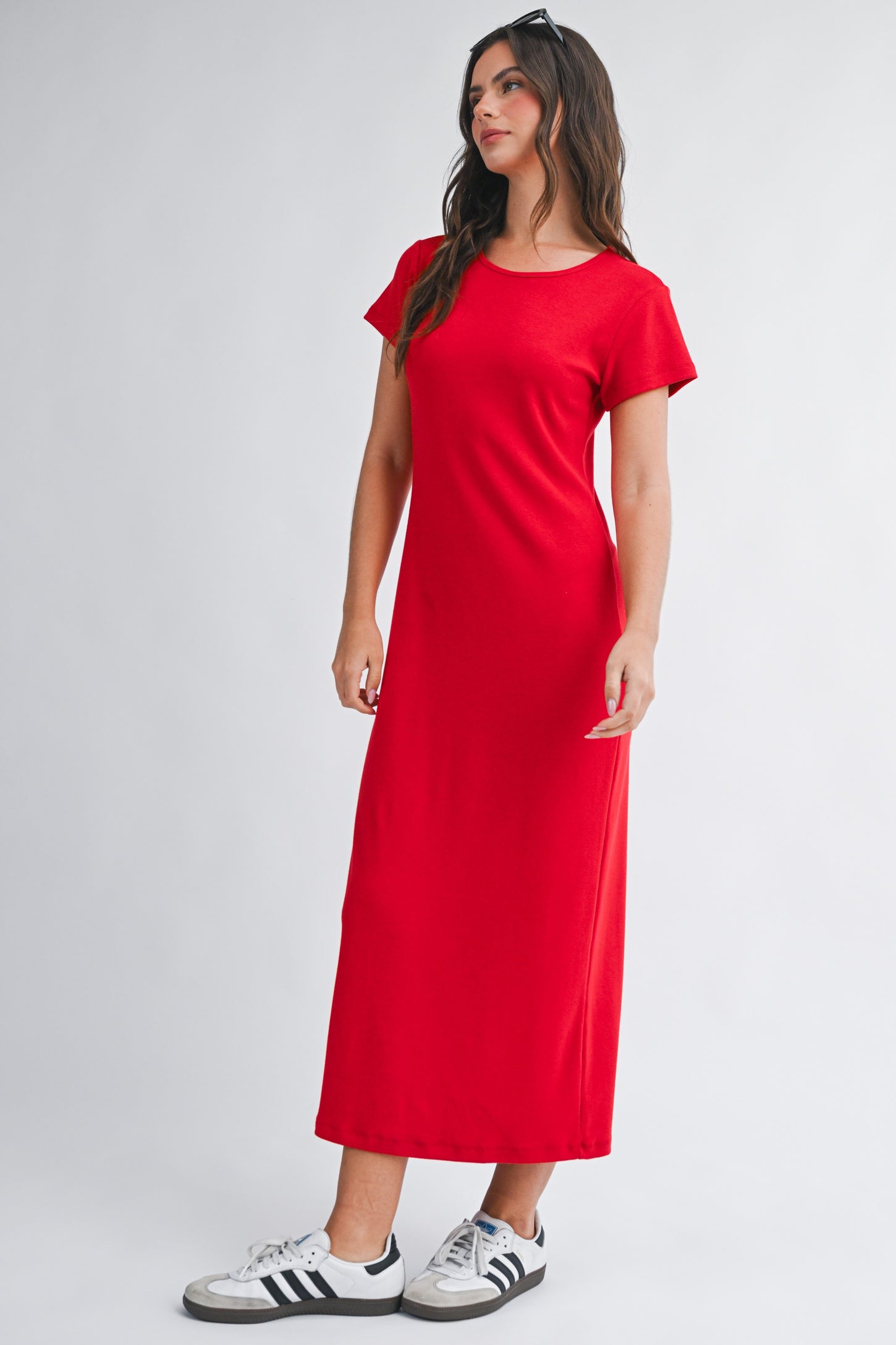 Red Basic Crewneck Midi Dress
