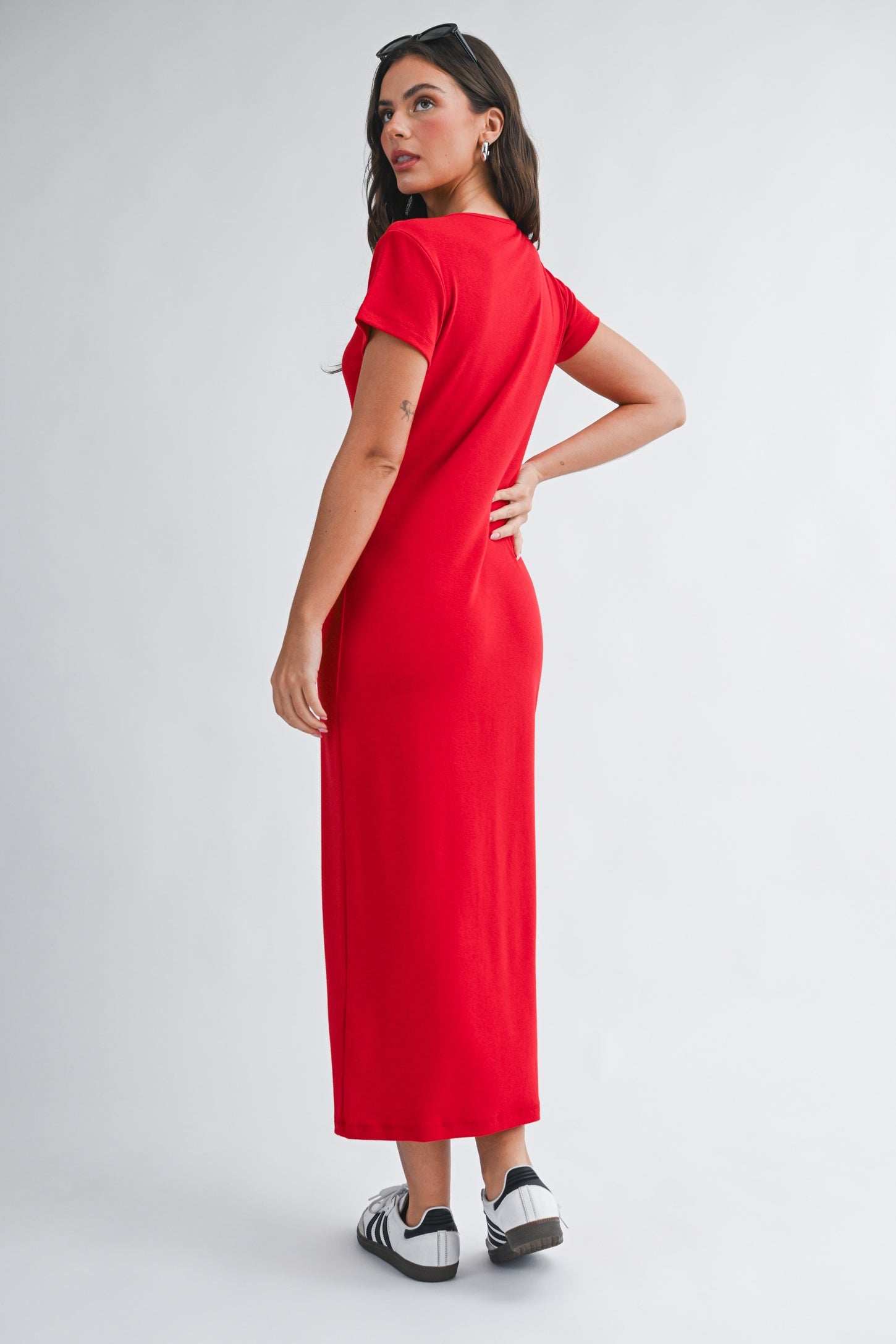 Red Basic Crewneck Midi Dress