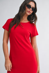 Red Basic Crewneck Midi Dress