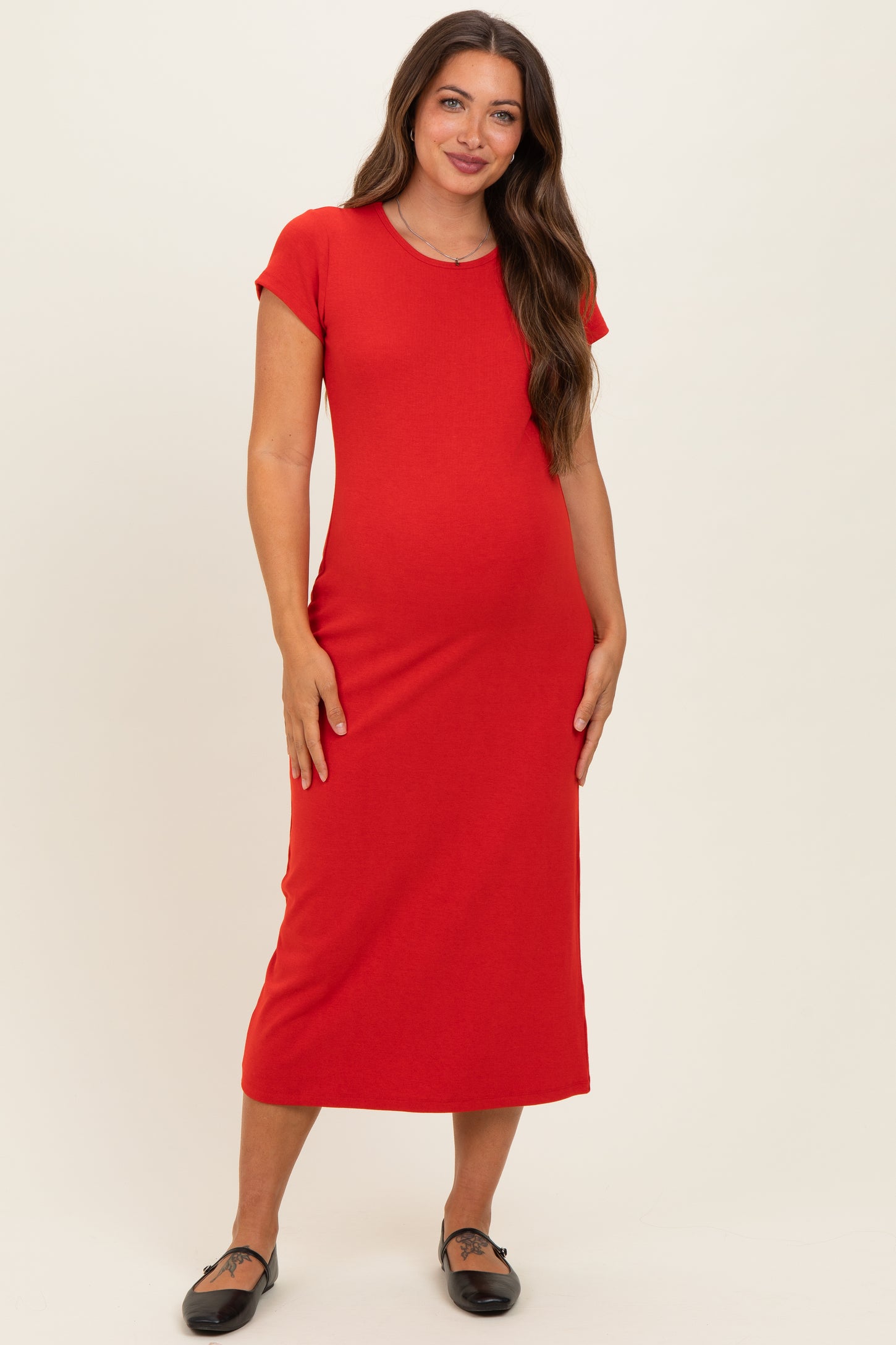 Red Basic Crewneck Maternity Midi Dress