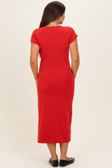Red Basic Crewneck Maternity Midi Dress