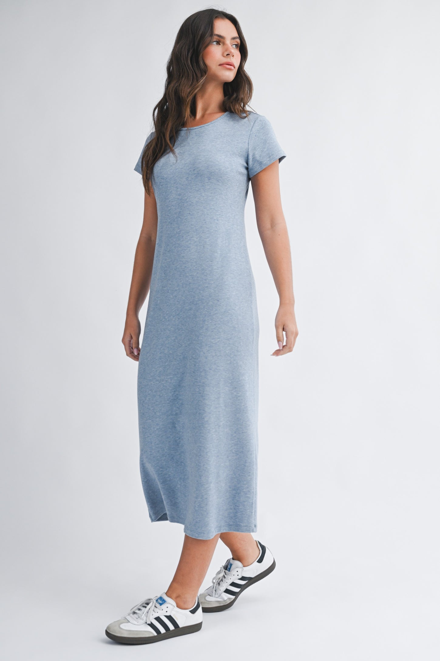 Blue Basic Crewneck Midi Dress