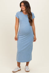 Blue Basic Crewneck Maternity Midi Dress
