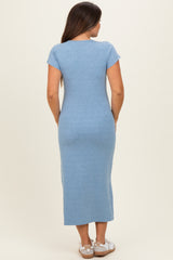 Blue Basic Crewneck Maternity Midi Dress