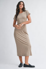 Light Brown Basic Crewneck Maternity Midi Dress
