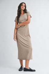 Light Brown Basic Crewneck Midi Dress