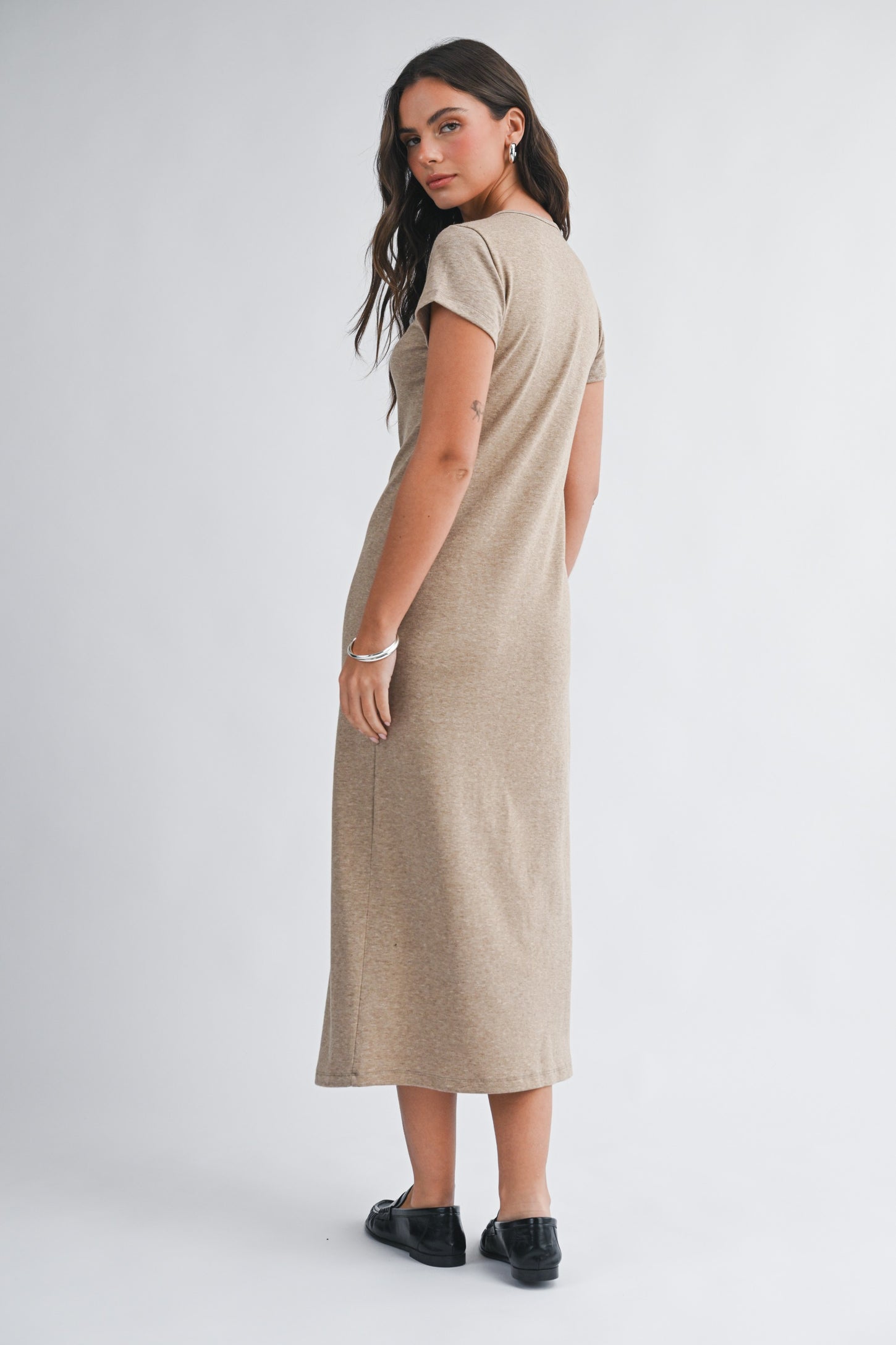 Light Brown Basic Crewneck Midi Dress